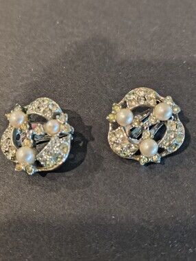 Vintage BOGOFF Signed Clip On Earrings Silver Tone Faux Pearls Clear Rhinestones